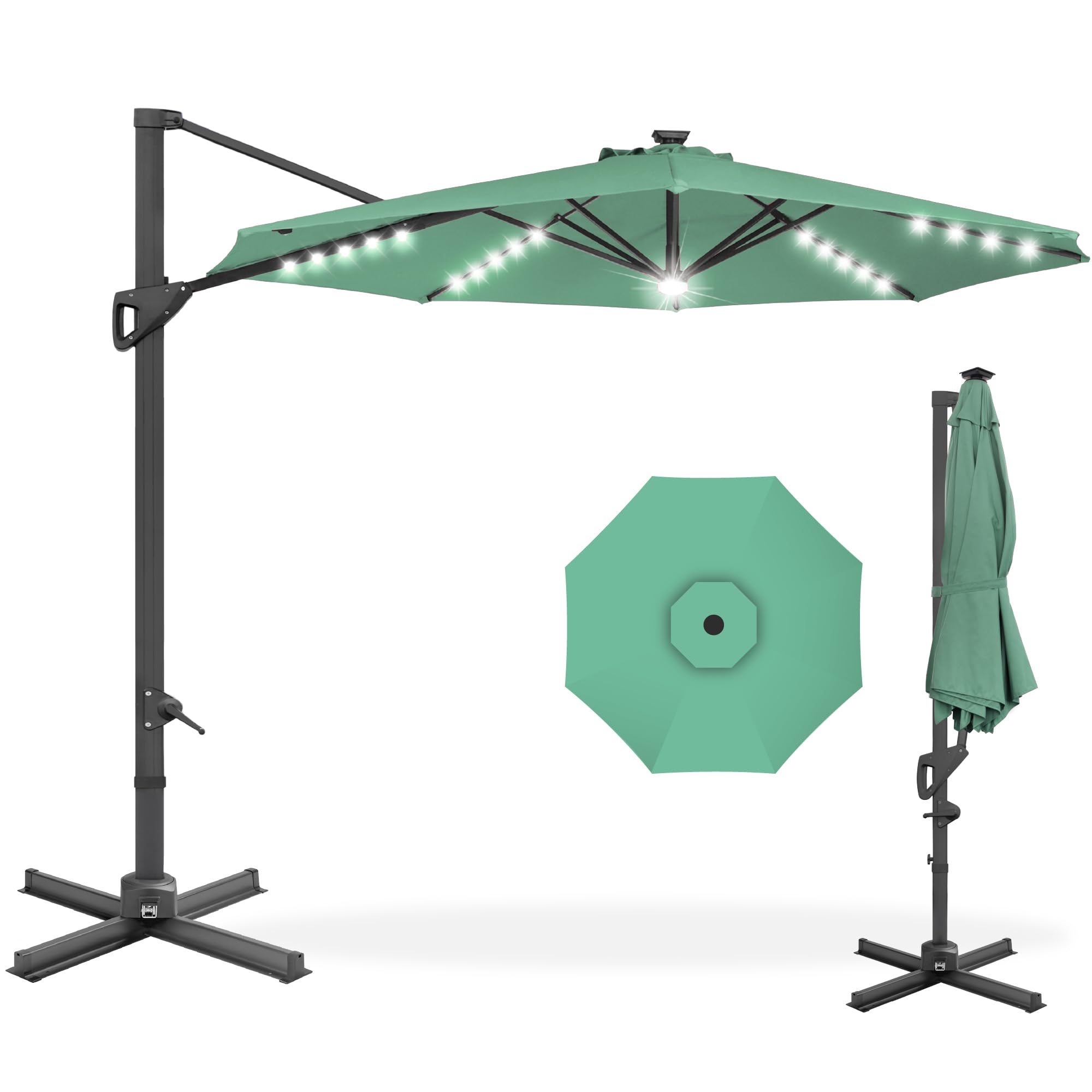 Best Choice Products 10ft Solar LED Cantilever Patio Umbrella, 360-Degree Rotation Hanging Offset Market Outdoor Sun Shade for Backyard, Deck,