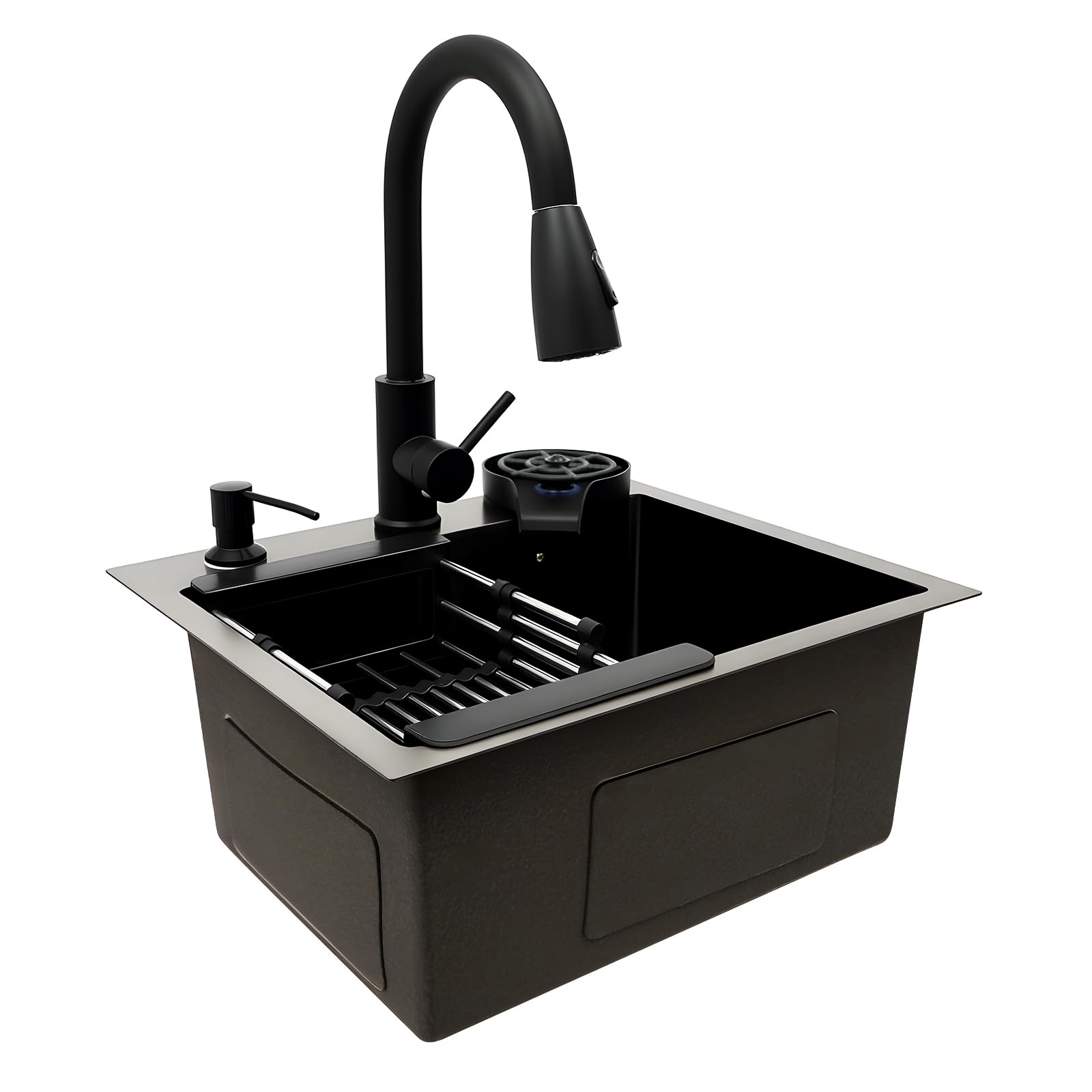 Edelstahlspüle Einbauspüle 1 Becken 45x40cm Spülbecken Schwarz, Küchenspüle aus Edelstahl Aufbauspüle mit Cup -Waschmaschine