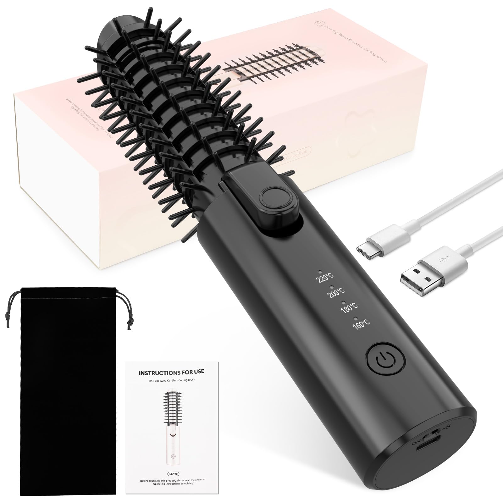 Kabellose Lockenstabbürste, Tragbare Reise Lockenstab, 6800 mAh USB-aufladbare Mini Lockenbürste Stylingbürsten mit Negativen Ionen, 4 Stufig Regelbare Temperatur 160-220℃(Schwarz)