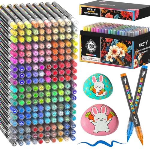 NICETY 180 Feutres Acryliques à Pointe Pinceau - Marqueurs Peinture à l'Eau Multi-Supports pour Pierre, Bois, Céramique, Verre - Pointe Flexible 1-6mm pour...