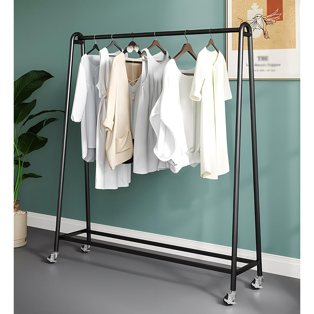 JKJZSALJ Metal Clothing Racks For Hanging Clothes, Floor Garment Hanger With Wheels, Heavy Duty Retail Display Rack, For Home And Clothing Store,Black,150x40x155cm