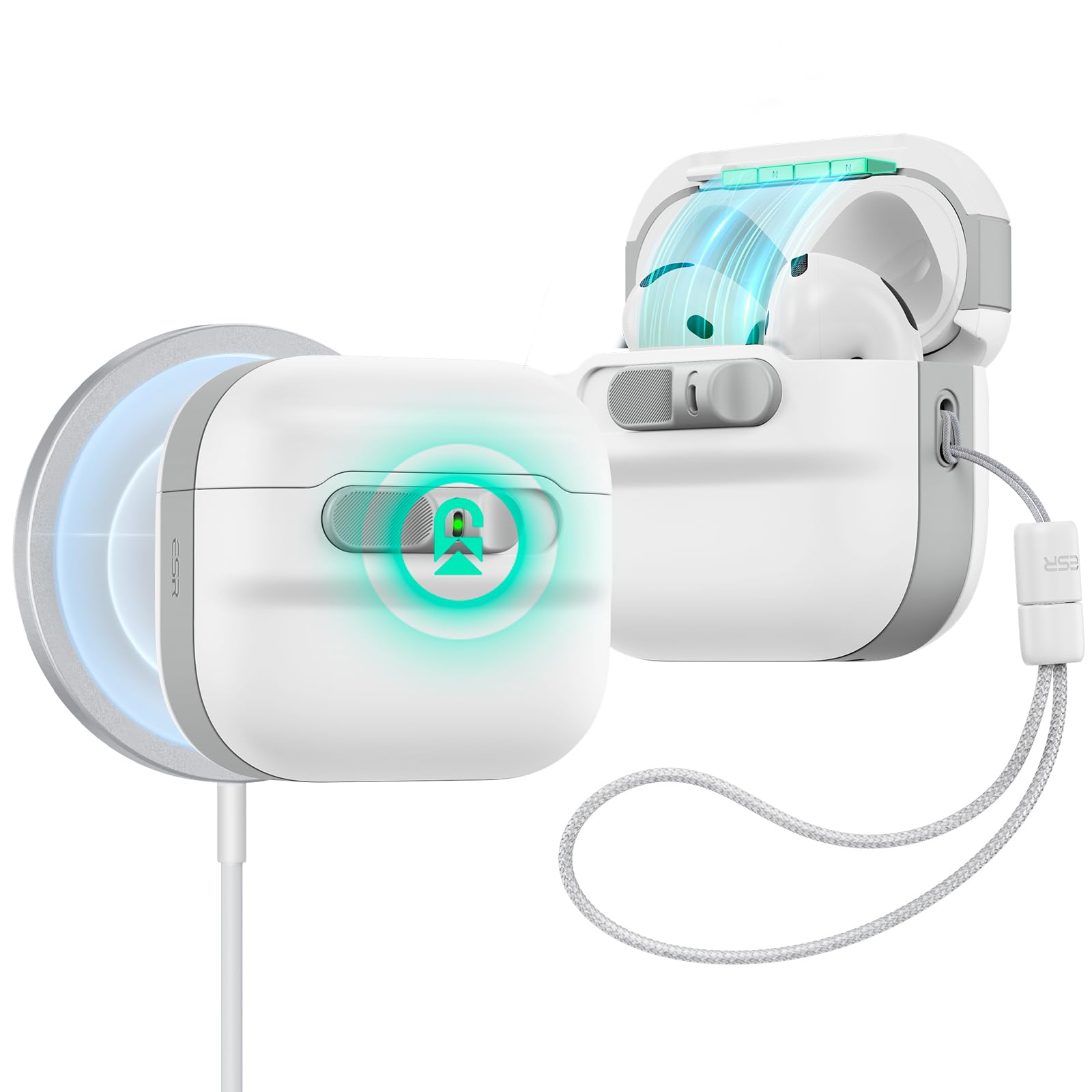ESR for AirPods 4 Case, Compatible with AirPods 4th Generation Case (2024) (USB-C), MagSafe Compatible, Magnetic Lid Lock, Drop-Proof Protection Cover with Lanyard, Pulse Series, White-image-46