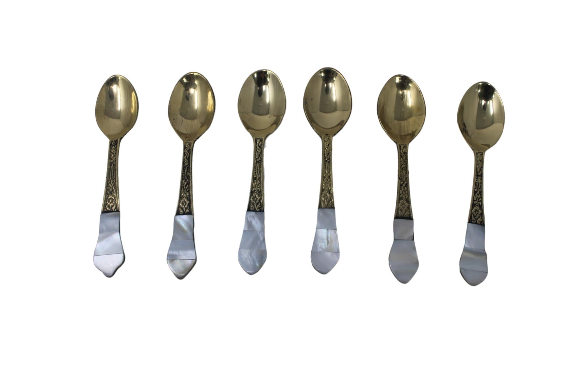 Luxury Teaspoons Antique Brass & Mother of Pearl Inlaid Spoon Set, Gorgeous Small Spoons, Mixing Sugar Spoon, Dessert Spoons,Tea spoon Set, Brass Tableware Sugar Spoon Tea Spoon (Set Of 6)