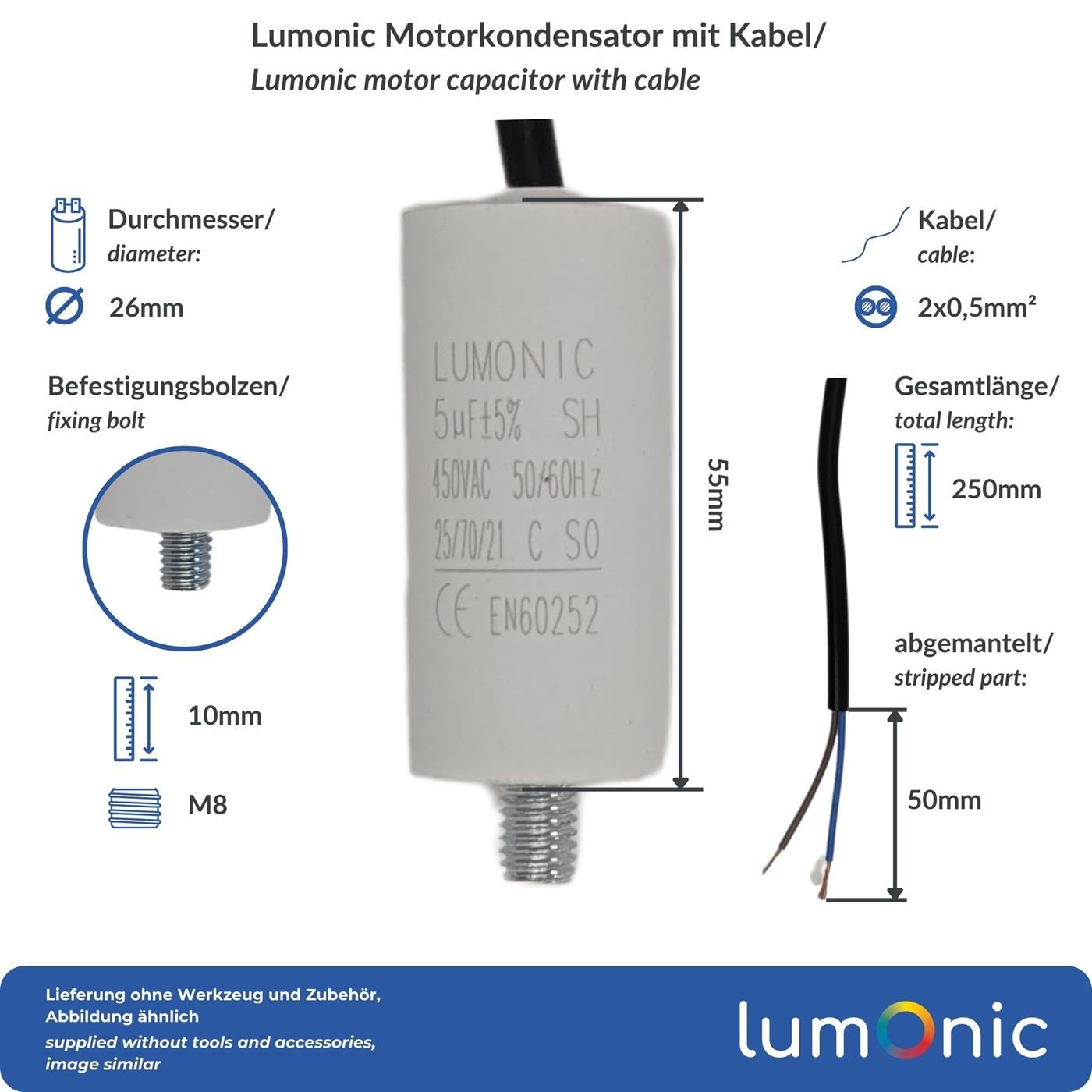 Lumonic Kondensator rozruchowy 5µF 450V | z Kabel I 26x55mm I 5uF I Kondensator silnikowy z plastikowa obudowa I Kondensator operacyjny I do pomp, kosiarek, narzedzi