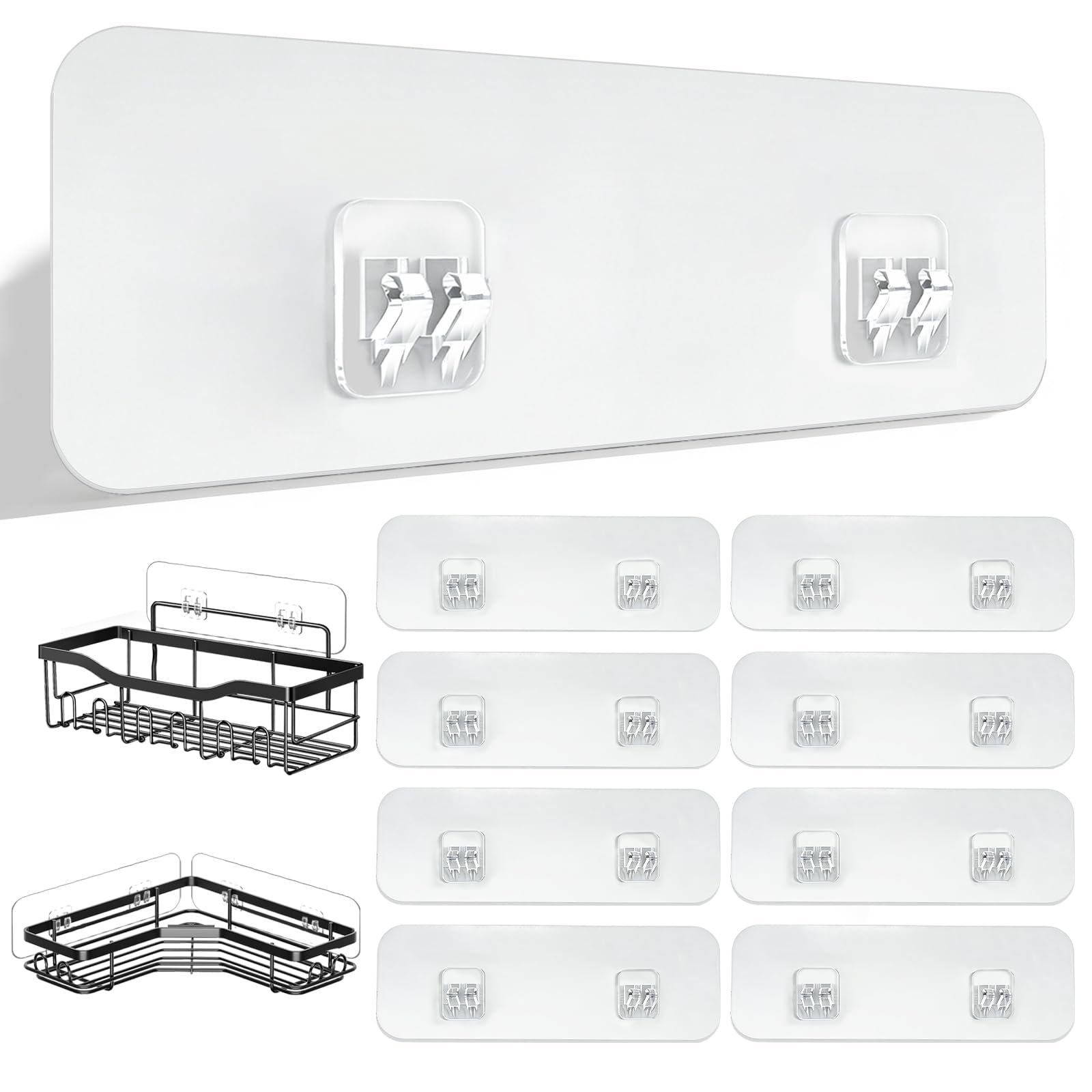 9 Pack Shower Caddy Adhesive Replacement Strips, Heavy Duty Clear Waterproof Sticky Hooks, No Drilling Wall Mount for Shower Shelves, Bathroom Storage, Kitchen Rack &amp; Soap Holder