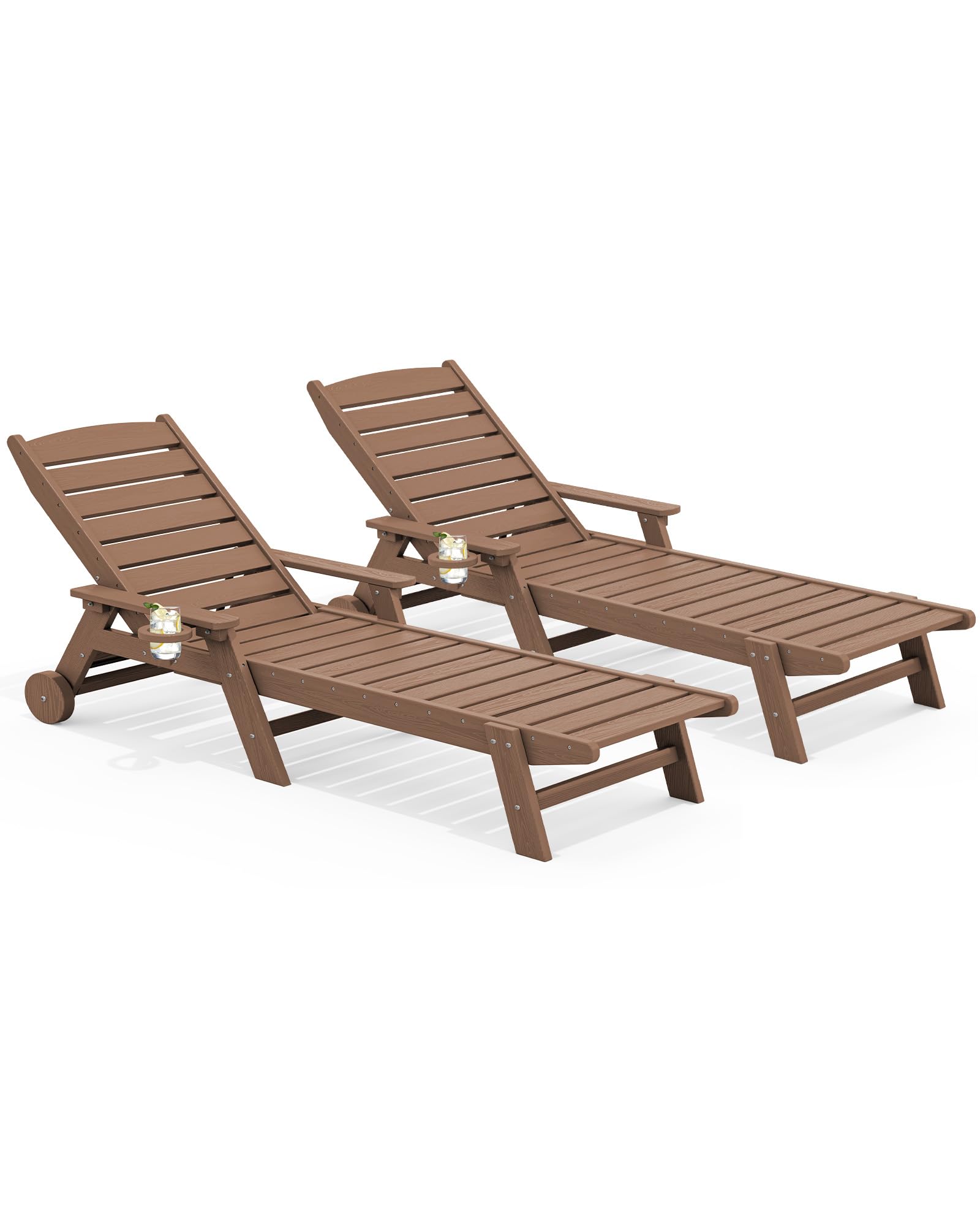 SERWALL Patio Chaise Lounge Chair Set of 2, 78'' Long 5-Positions Adjustable HDPE Outdoor Lounger for Pool, Poly Lounge Chair with Rolling Wheels & Cup Holder for Poolside, Deck, Brown