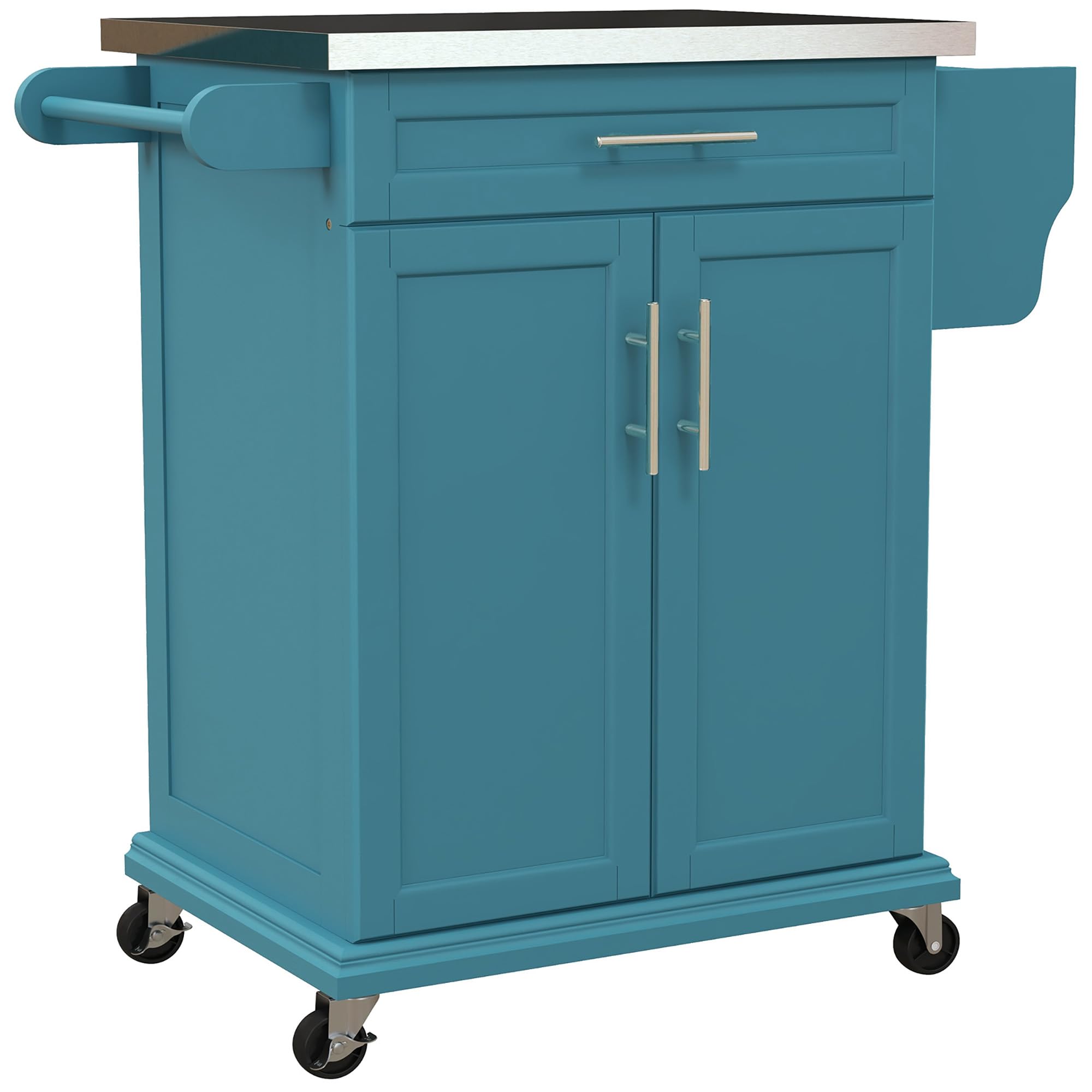HOMCOM Kitchen Island on Wheels, Rolling Kitchen Cart with Stainless Steel Countertop, Drawer, Towel Rack and Spice Rack, Utility Storage Trolley, Blue