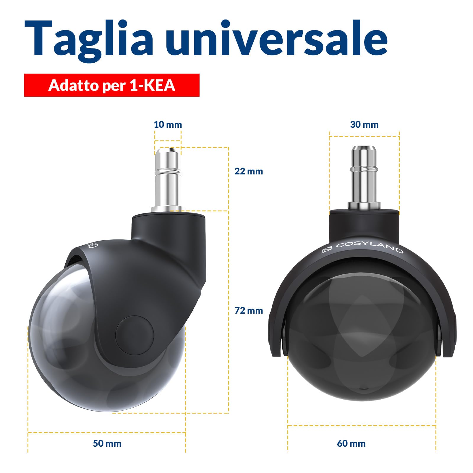 COSYLAND Ruote per Sedia Ufficio 11x22 mm – Set di 5 Ruote Sedia Ufficio Universali, Rotelle Girevoli in Poliuretano, Scorrimento Silenzioso, Anti-graffio (Nero trasparente)