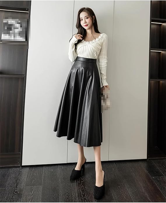 【INCHANT ME】Leather high-waist flared long skirt Fsqjgq Skirts for Women Versatile Satin Skirts for Women