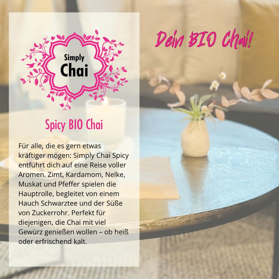 Simply Chai Bio & Vegan Spicy Chai Latte Pulver, 1kg Vorratsbeutel – Kräftiger indischer Gewürztee mit intensiver Schärfe & Schwarztee, instant löslich