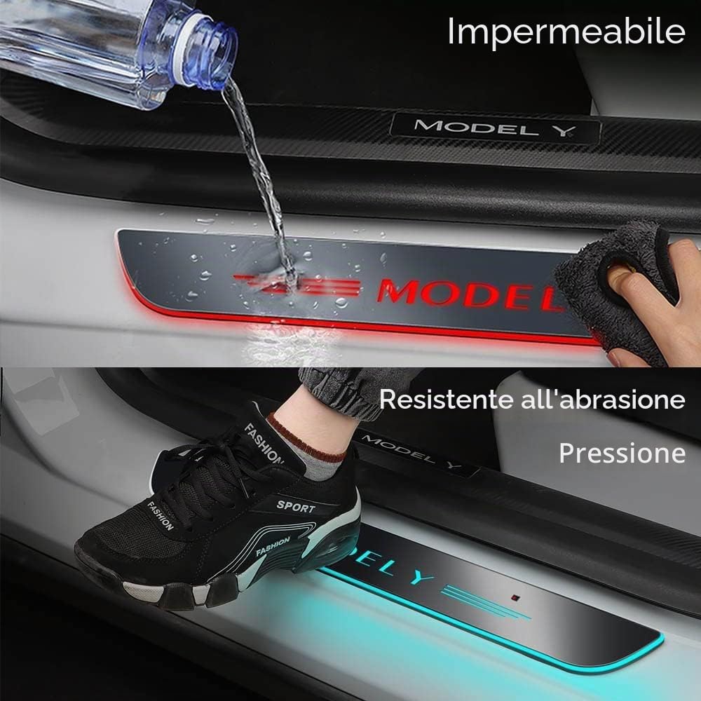 Battitacco per Tesla Model Y, 4 Pezzi, Protezioni per Battitacco, Induzione Magnetica, Luce LED, Barra Illuminata per Soglia Auto, Accessori Auto