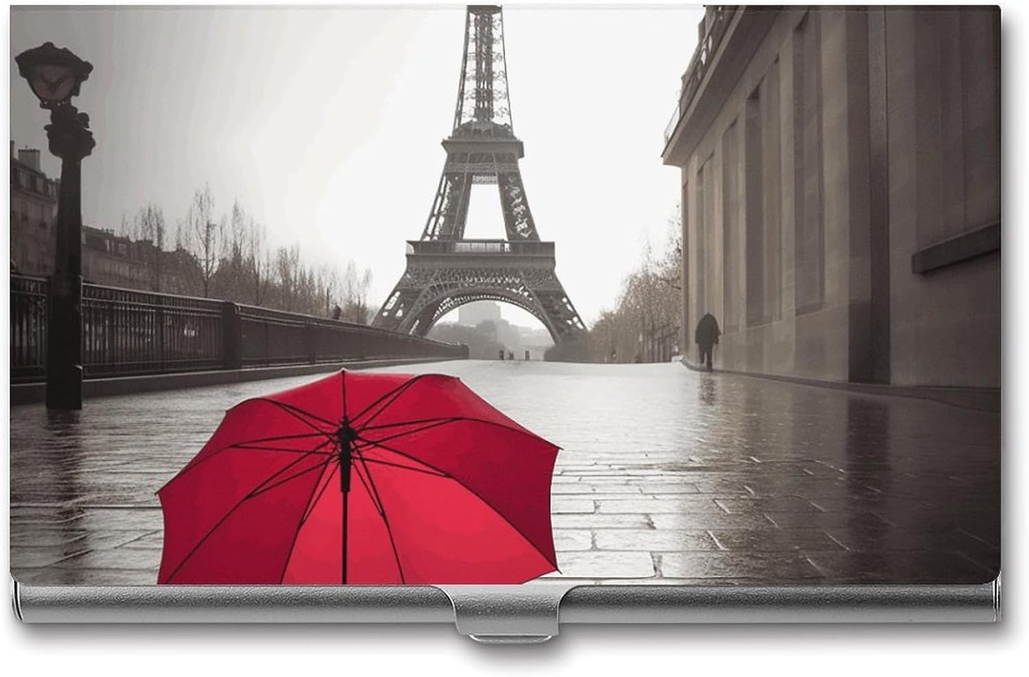Eiffel Tower Paris Street Red Umbrella Business Card Holder Slim Aluminum Alloy Name Card Holder Professional Name Card Case Personalized Business Card Wallet Minimalist Pocket Metal Case for Women Me