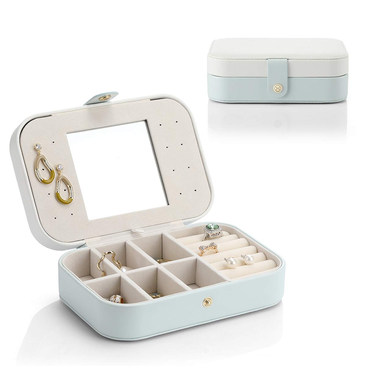 Vlando Travel Jewelry Case Box Women PU Leather 2 Layer Jewelry Organizer Holder for Necklace Earring Rings-White&Light Aqua