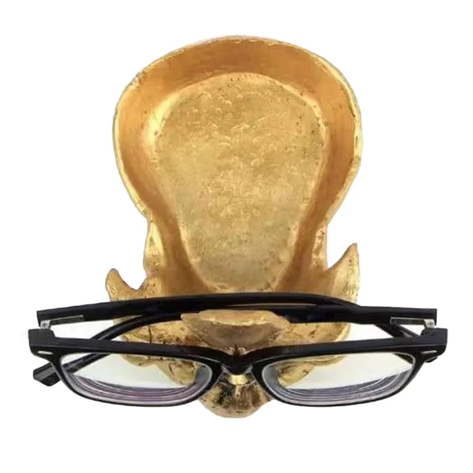 Gold Totenkopf-Brillenhalter Kreativer Schädel Sonnenbrillen Ständer 3D-Skelett Brillen-Organizer mit Schmuck Schale,Brillen Halter Display Ständer für Zuhause, Büro, Schreibtisch, Nachttisch