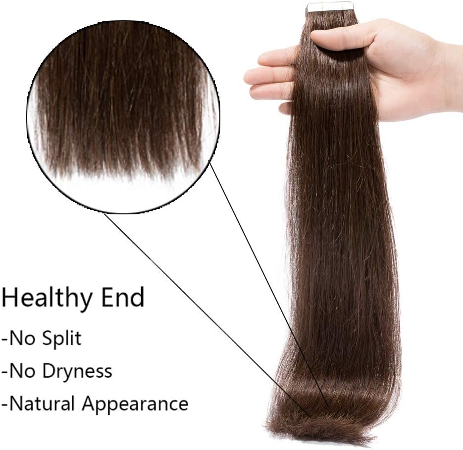 Silk-co 14inch Hair Extensions Tape in 100% Straight Human Hair Extension Real Remy Skin Weft Seamless Straight 10 Pcs #02 Dark Brown Invisible Glue Skin Weft - Image 4