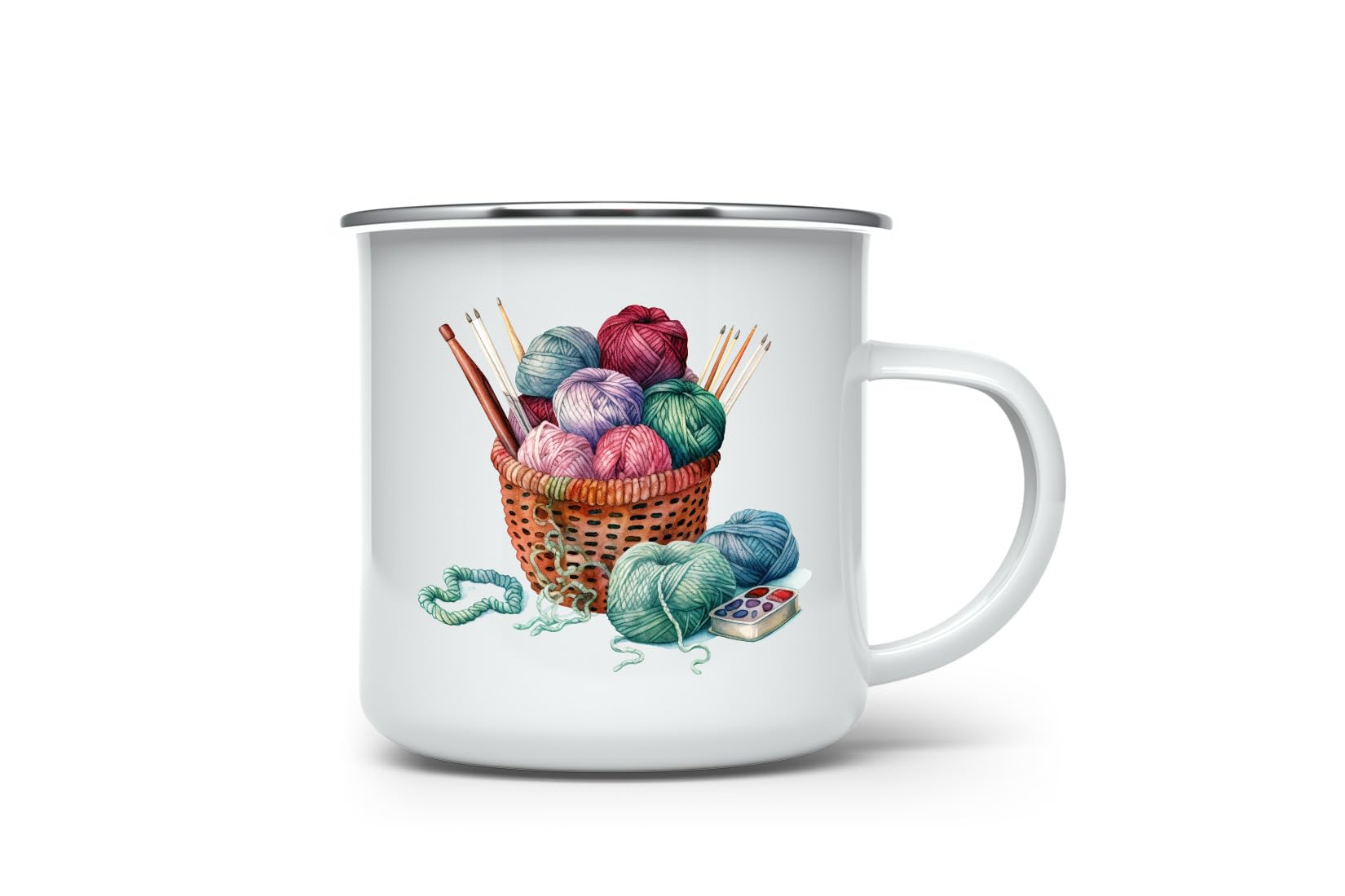 MAXIKIWI - Durable Enamel Coffee or Tea Camping Mug for Indoor Outdoor Use - Crochet Knitting Watercolor - 350ml