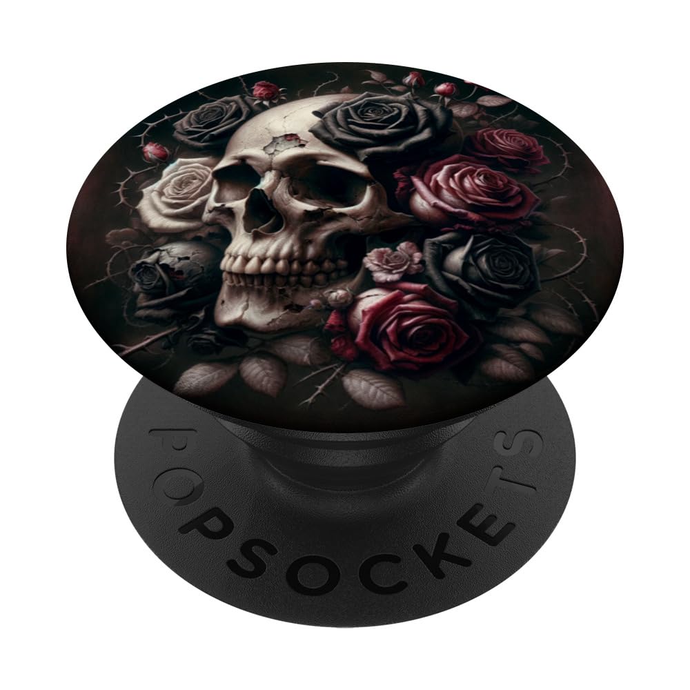 Skull and Roses Floral Black Dark Goth Horror Skull PopSockets Adhesive PopGrip