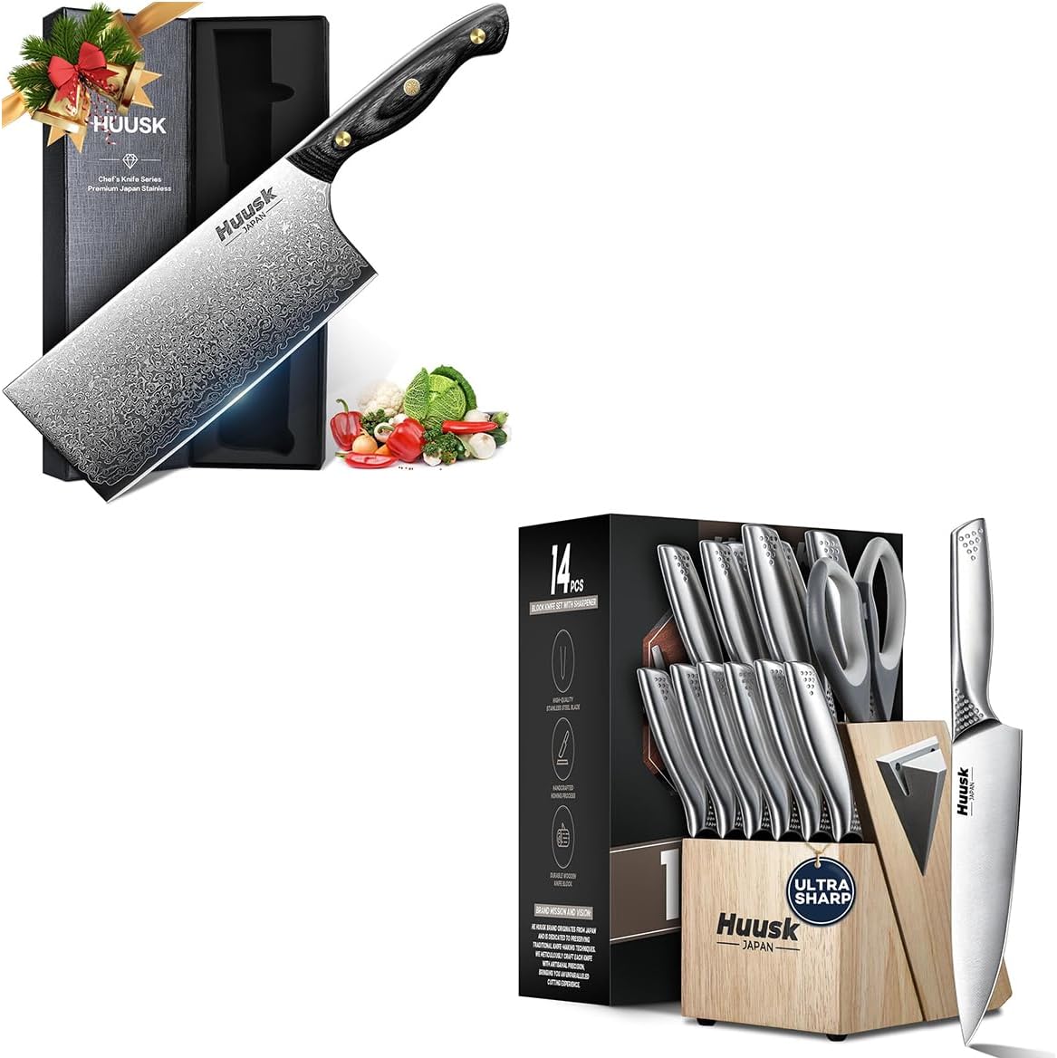 Huusk Knife Set with Block and Sharpener, Sharp Silver Professional Knives Set with Box for Kitchen, Birthday Dad Mom Gift