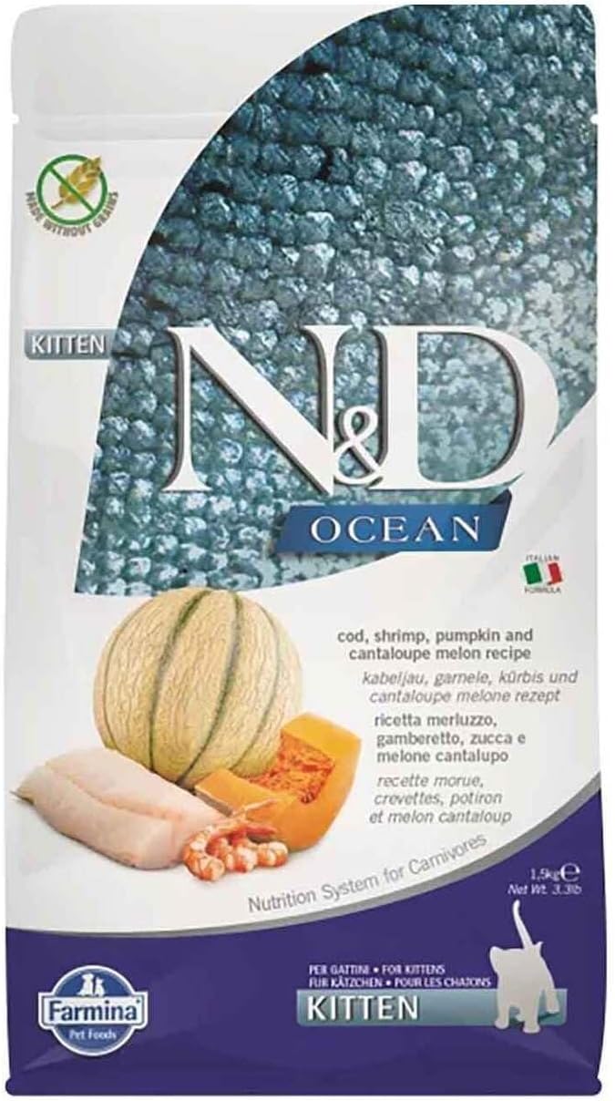 N&D Ocean Kitten Morina Balıklı Karidesli Bal Kabaklı Kavunlu Tam Tahılsız Yavru Kedi Maması 1.5 Kg