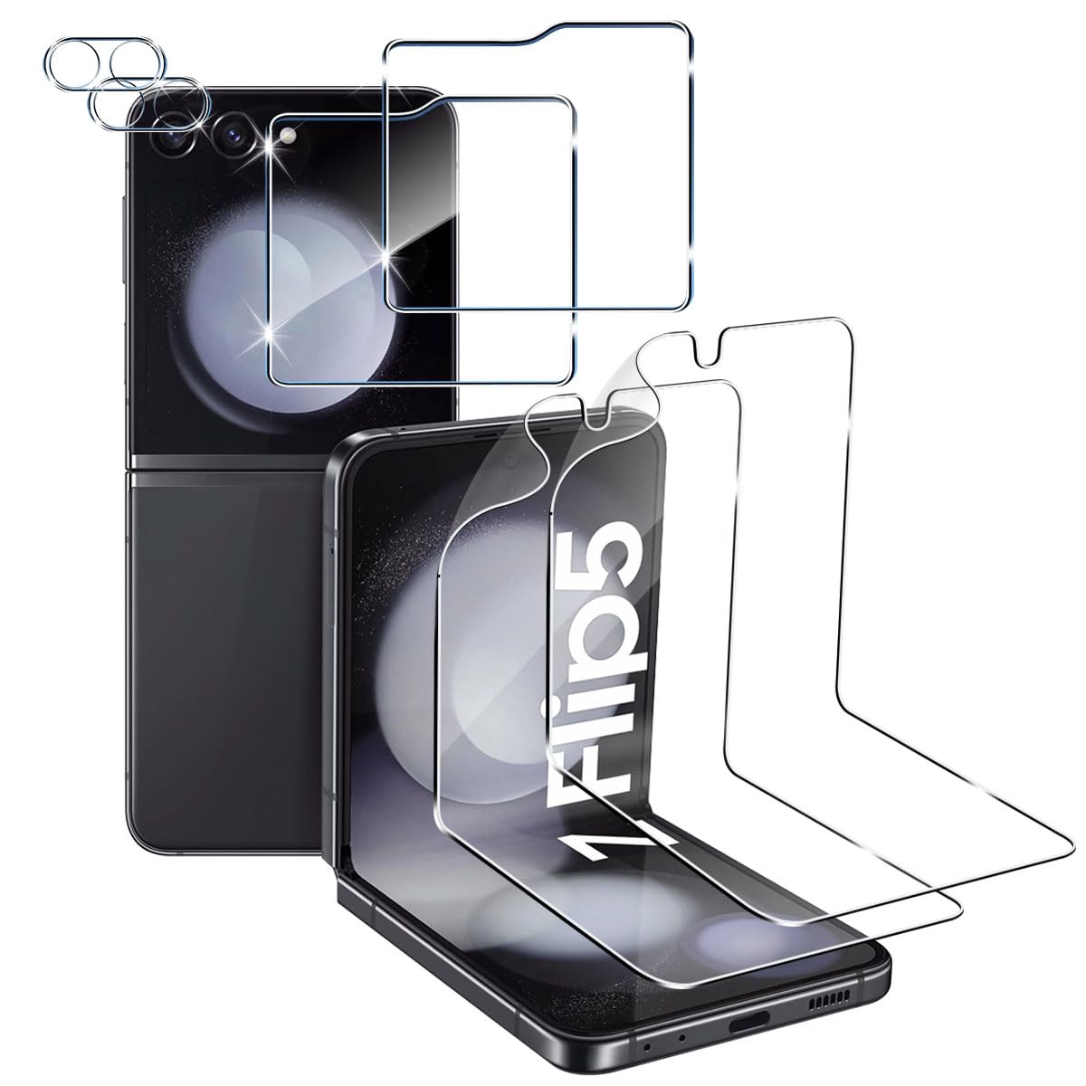 Wonsoso Compatible with Samsung Galaxy Z Flip 5 Screen Protector, Pack of 2 9H Hardness External for Tempered Glass + 2 Soft TPU Inner Protective Film + 2 Pieces Camera Protection, Anti-Scratch, HD