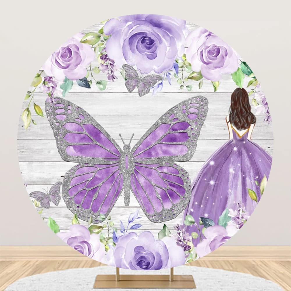 AOFOTO 7.2x7.2ft Purple Butterfly Flowers Happy Birthday Round Backdrop Cover Rustic Floral Quinceanera 15th 16th 18th Girl Mis Quince Anos Princess