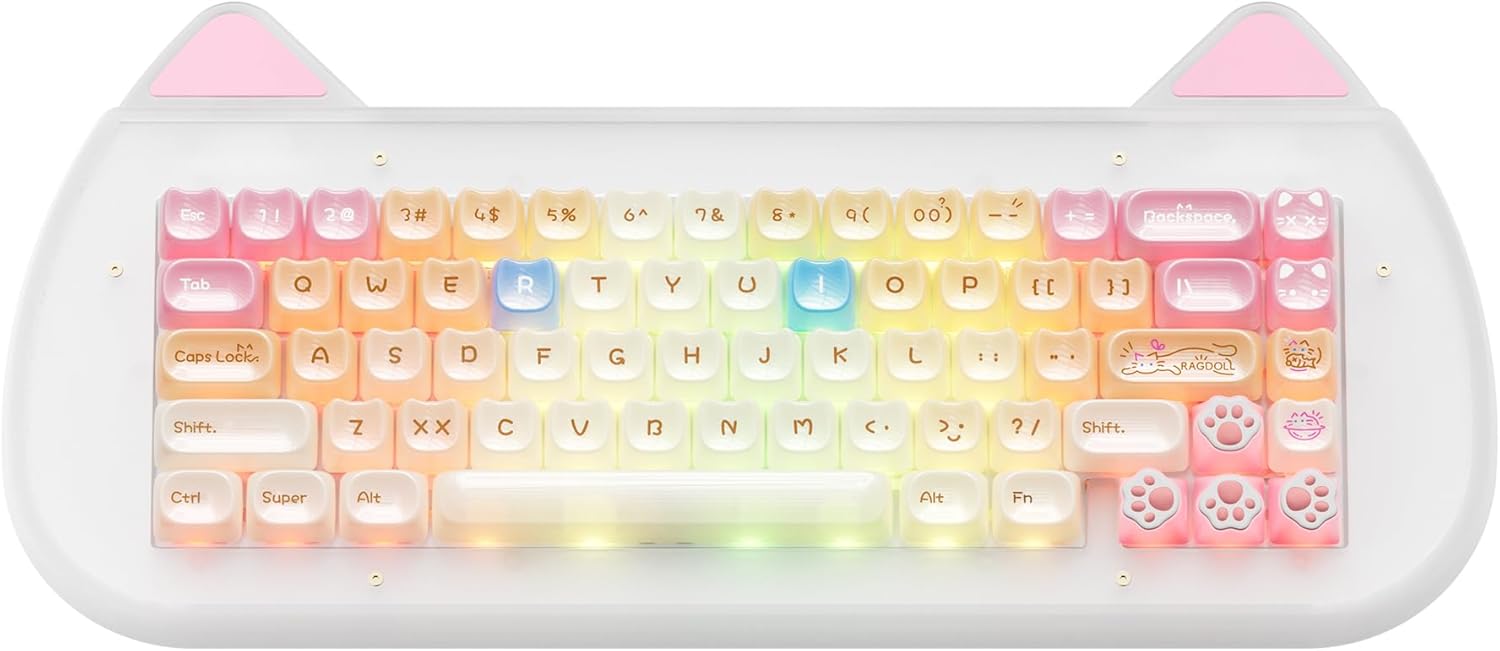 XVX C67 Wireless Mechanical Keyboard Cute Design, 60% Gaming Creamy Keyboard Custom QMK/VIA, BT5.0/2.4G/USB-C Mode, Hot Swappable Linear Switch RGB Backlits, Gasket Mount for Win/Mac(AcriCat, Pink)
