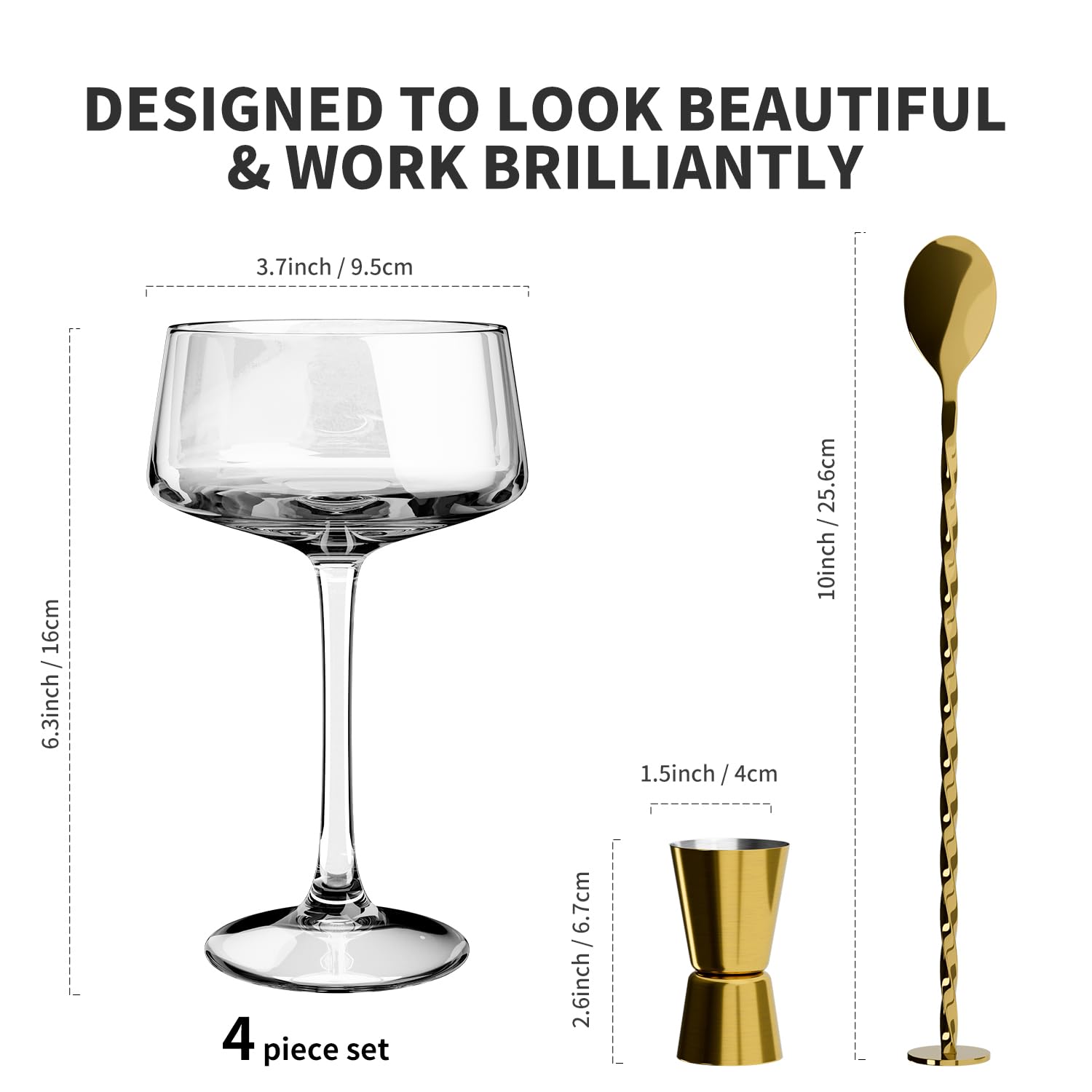 Set di 4 bicchieri da caffè espresso da 283,5 g, bicchieri da cocktail vintage per margarita, champagne e altro, include misurino e cucchiaio da bar