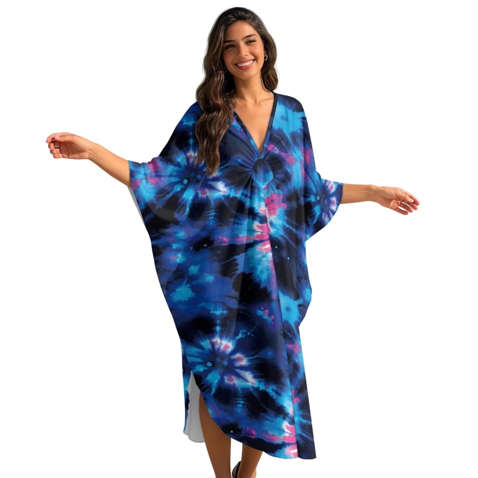 Poceacles Caftans dla kobiet okrycie plażowe plus size kaftan sukienki strój kąpielowy okrycie kąpielowe rękaw nietoperz dekolt w serek odzież kurortowa