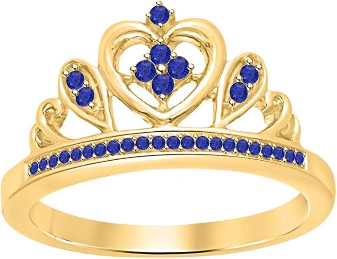 SVC-JEWELS Anillo de corte redondo de zafiro azul chapado en oro de 14 ...