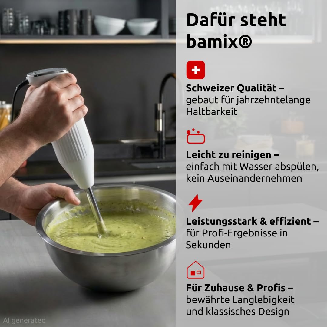 bamix Stabmixer Set M250 PRIME inkl. Multifunktionsmesser, Quirl, Schlagscheibe aus Edelstahl, 250 Watt, 2-Stufen, Made in Switzerland, Weiß/Chrom