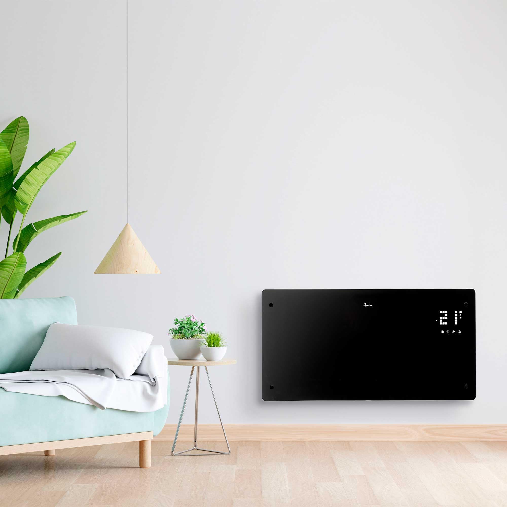 JATA JCRW2520 - Radiador Eléctrico WIFI Bajo Consumo Cristal 2000 W. 5-50ºC. 2 Potencias. Temporizador 24h. Instalación pared o suelo. 77x77x38,5cm. Conectividad WIFI y APP