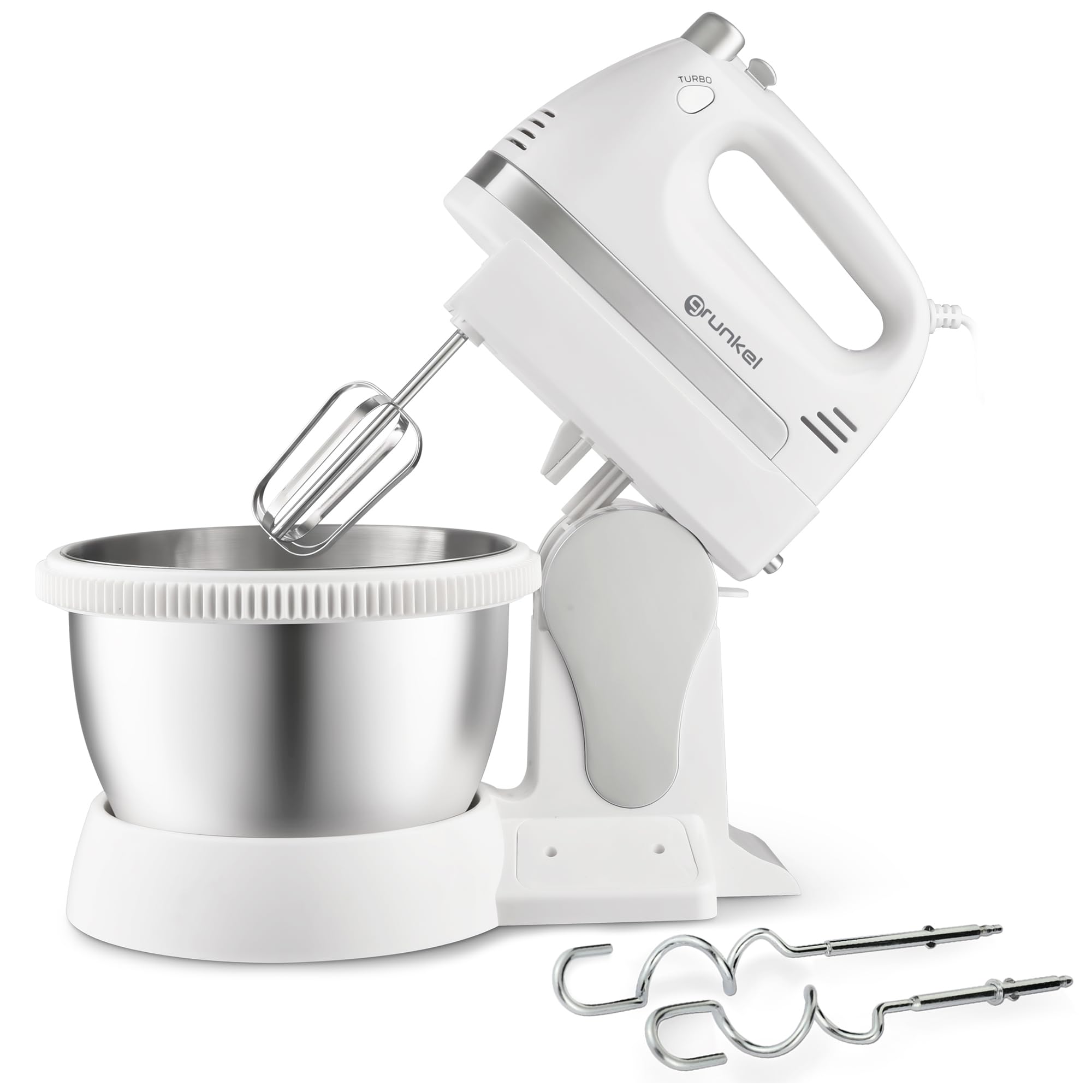 Grunkel - AM-350TURB05BOWL - Frullatore a immersione con ciotola girevole in acciaio INOX, con funzione turbo e 5 velocità, inclusa miscelatrice e ganci - Capacità: 2 l - 350 W