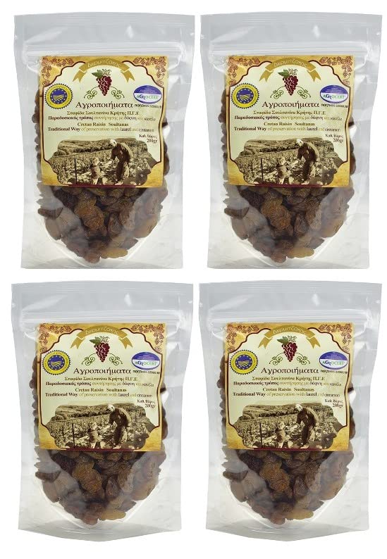 Greek, Cretan Dried Raisin Sultanas | Protected Geographical Indication | Handpicked product (4 Packs)