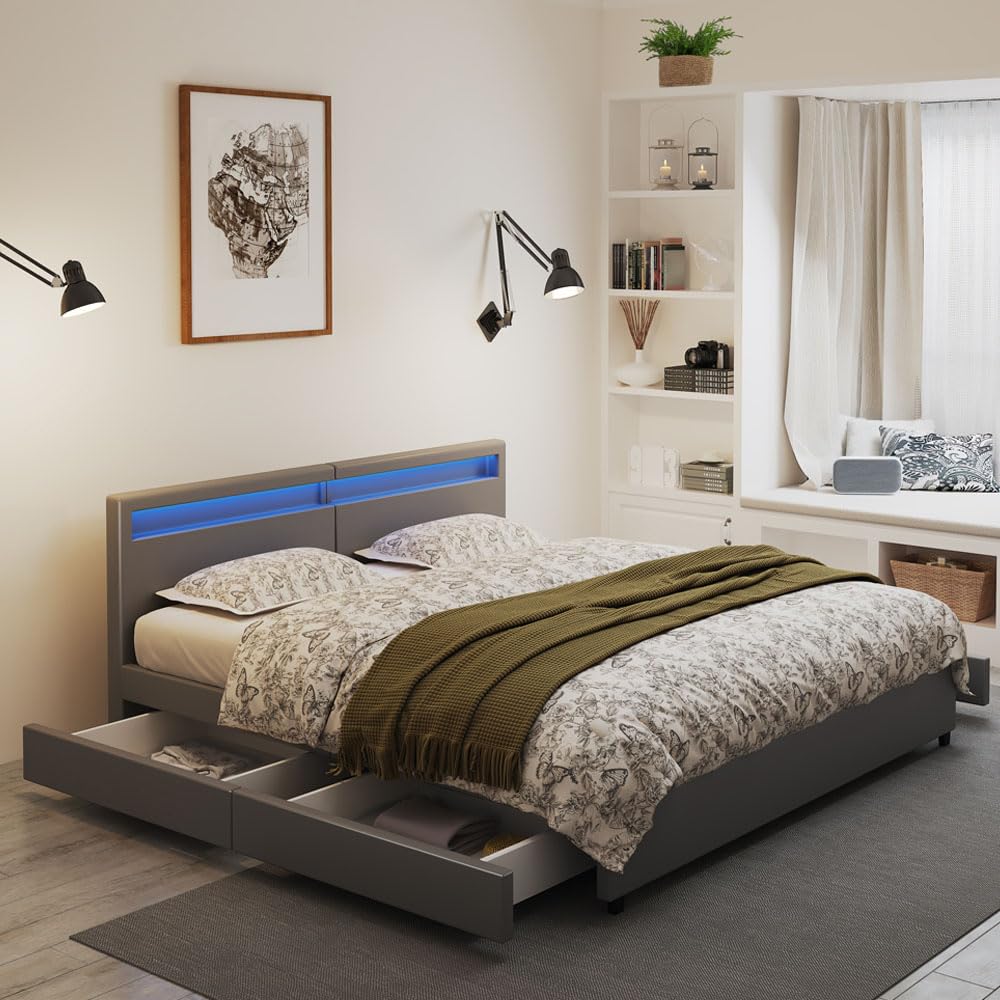 Home Deluxe LED-Bett NUBE – 180x200 Cm, Mit Matratze, Schubladen, Dunkelgrau