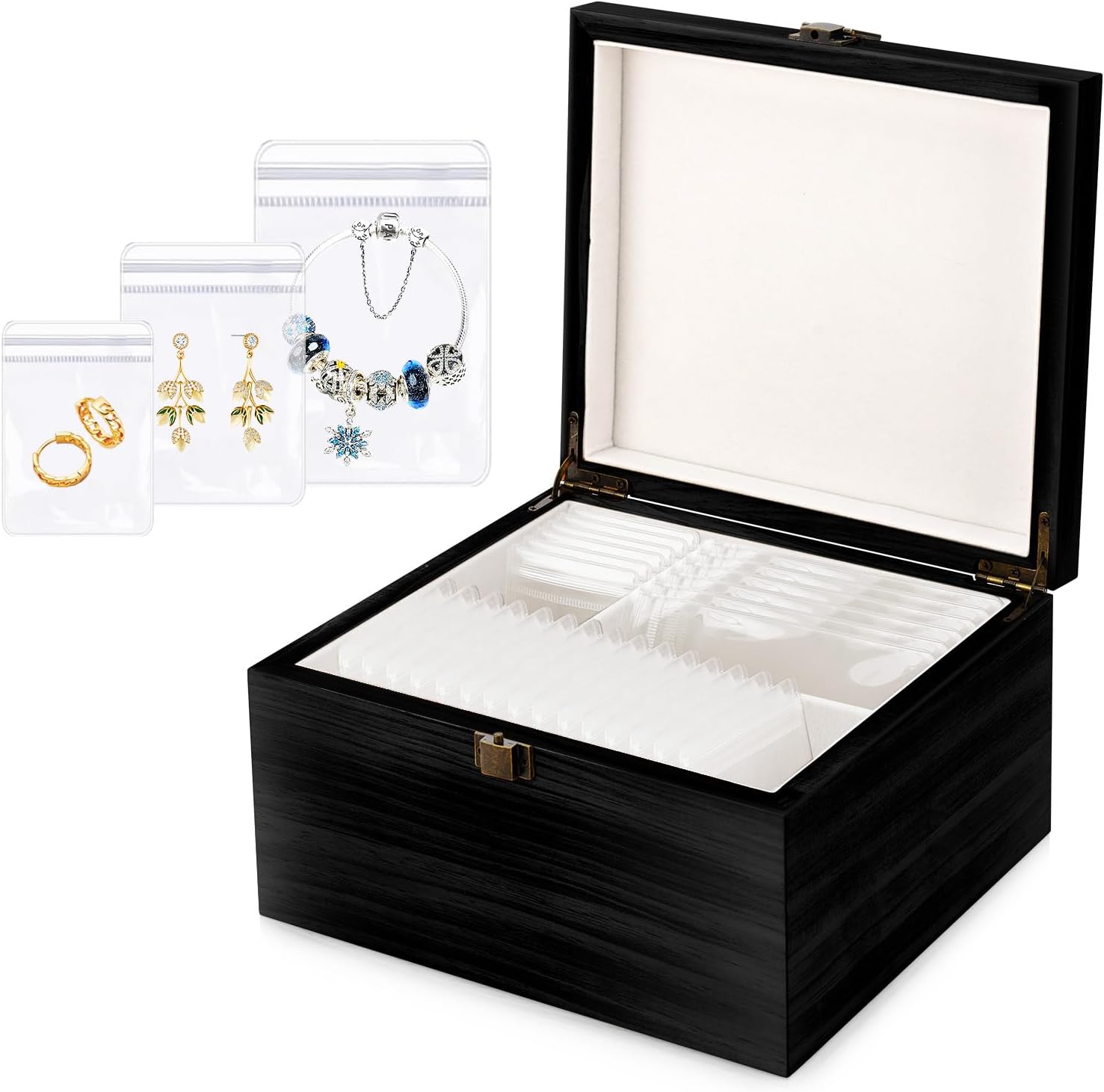 Jewelry Box Organizer, Wooden Jewelry Boxes for Women with 55 Portable Jewelry Bags for Traveling, Travel Jewelry Case Storage for Earrings Rings Necklaces Brackets, Gifts for Women Girls Black