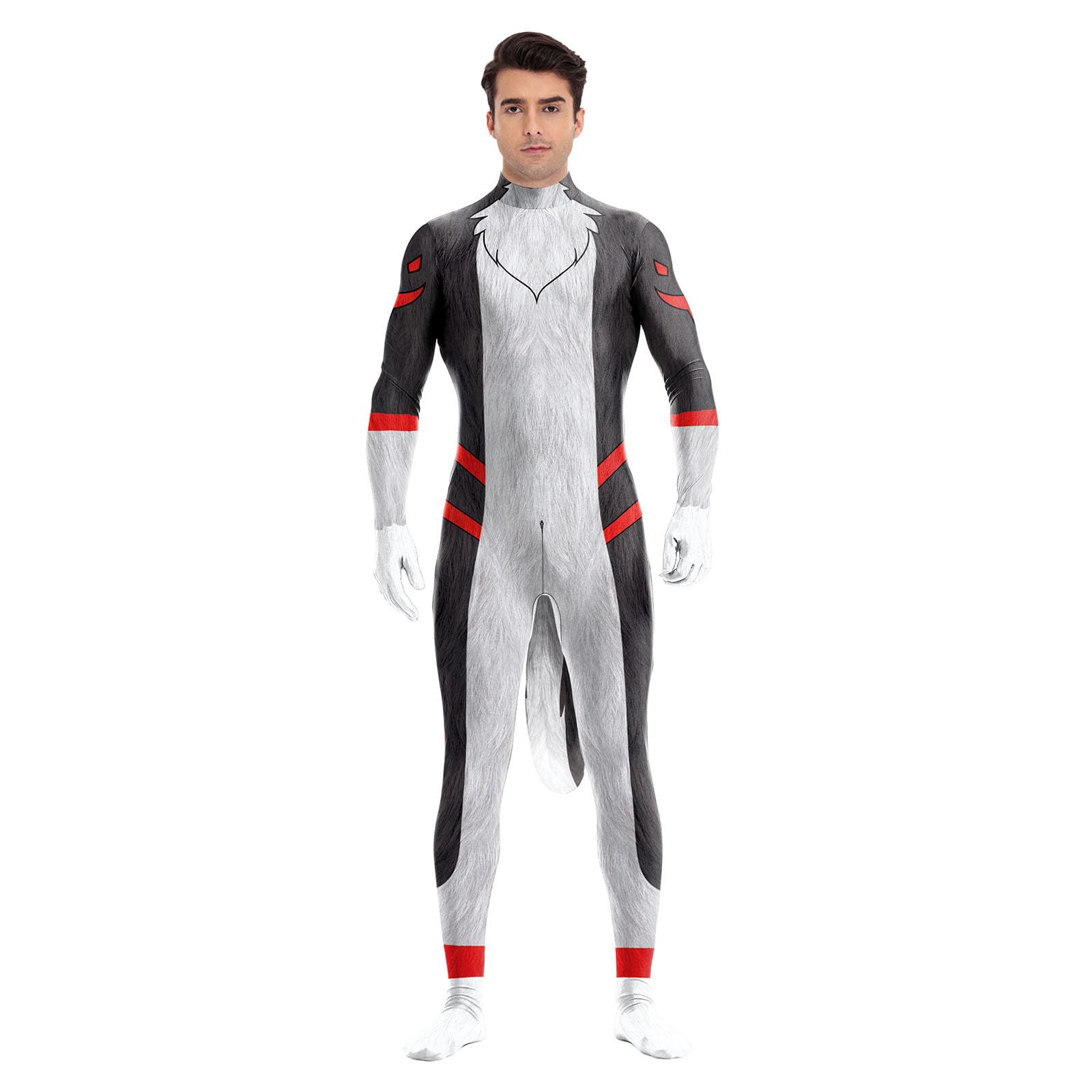 Animal Full Bodysuit for Men Muscle Spandex Jumpsuit Furry Costume with Big Tail for Adult Cosplay Halloween Party