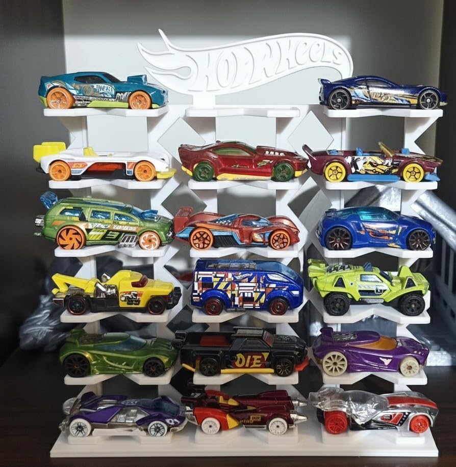 Image of Premium 18-Car Display Rack in Pure White for Hot Wheels & 1:64 Scale Cars, Eco-Friendly Biodegradable Plastic, 24 cm H x 22.3 cm B x 4.8 cm W (***Toy Cars NOT Included***)
