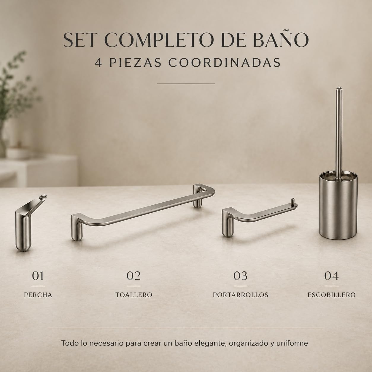 MEDIMEX Set Accesorios Baño 4 Piezas, Juego Completo de Baño | Renueva tu baño con un diseño uniforme y funcional que aporta orden, comodidad y un acabado moderno a tu espacio.