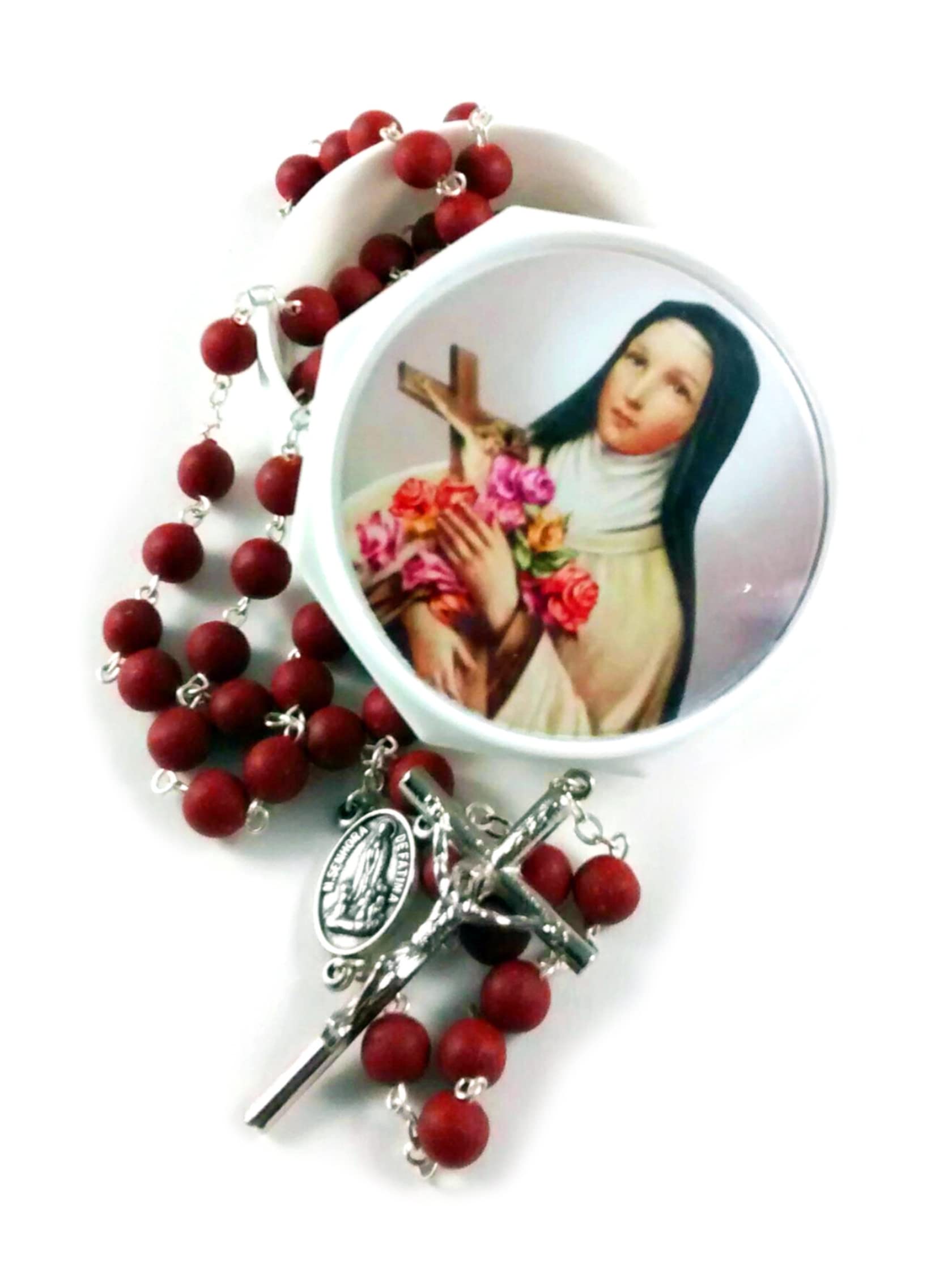 col-p Rose Scented Carved Wood Prayer Bead 19 Inch Rosary with Saint St Theresa Case Catholic Protection Sanctified Natural Rosario
