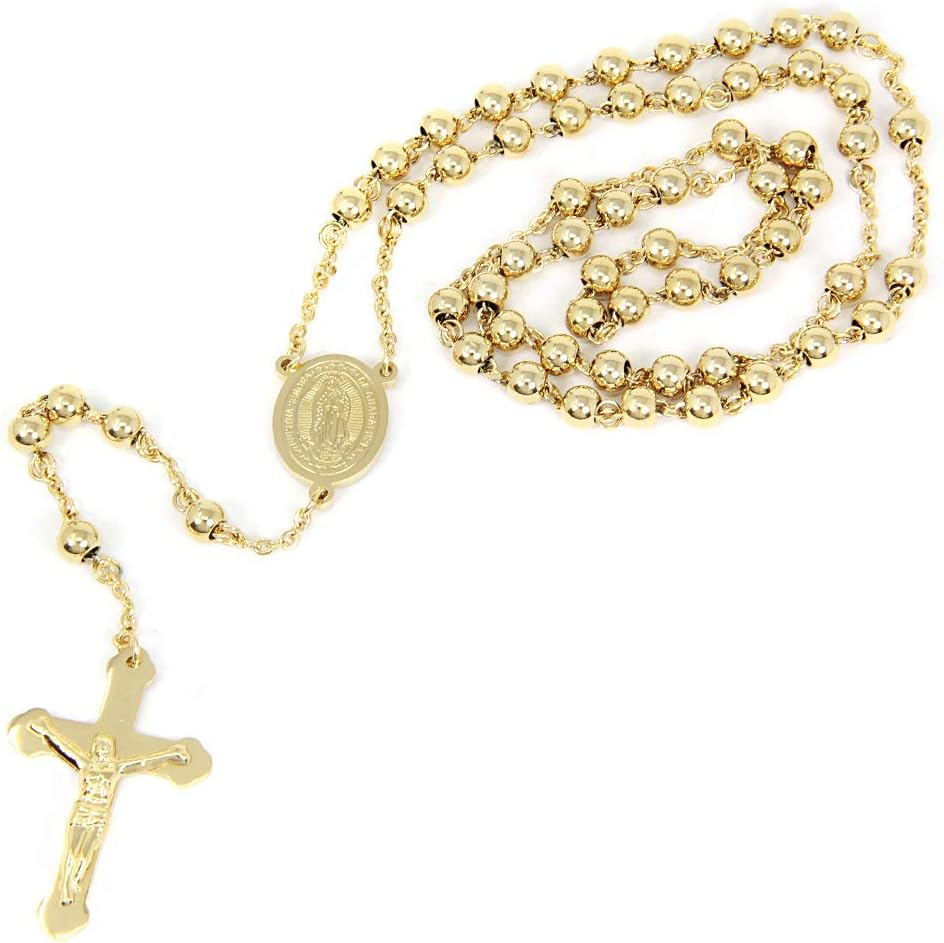 Stainless Steel Gold Silver Rosary Beads Cross Y Necklace Chain for Women