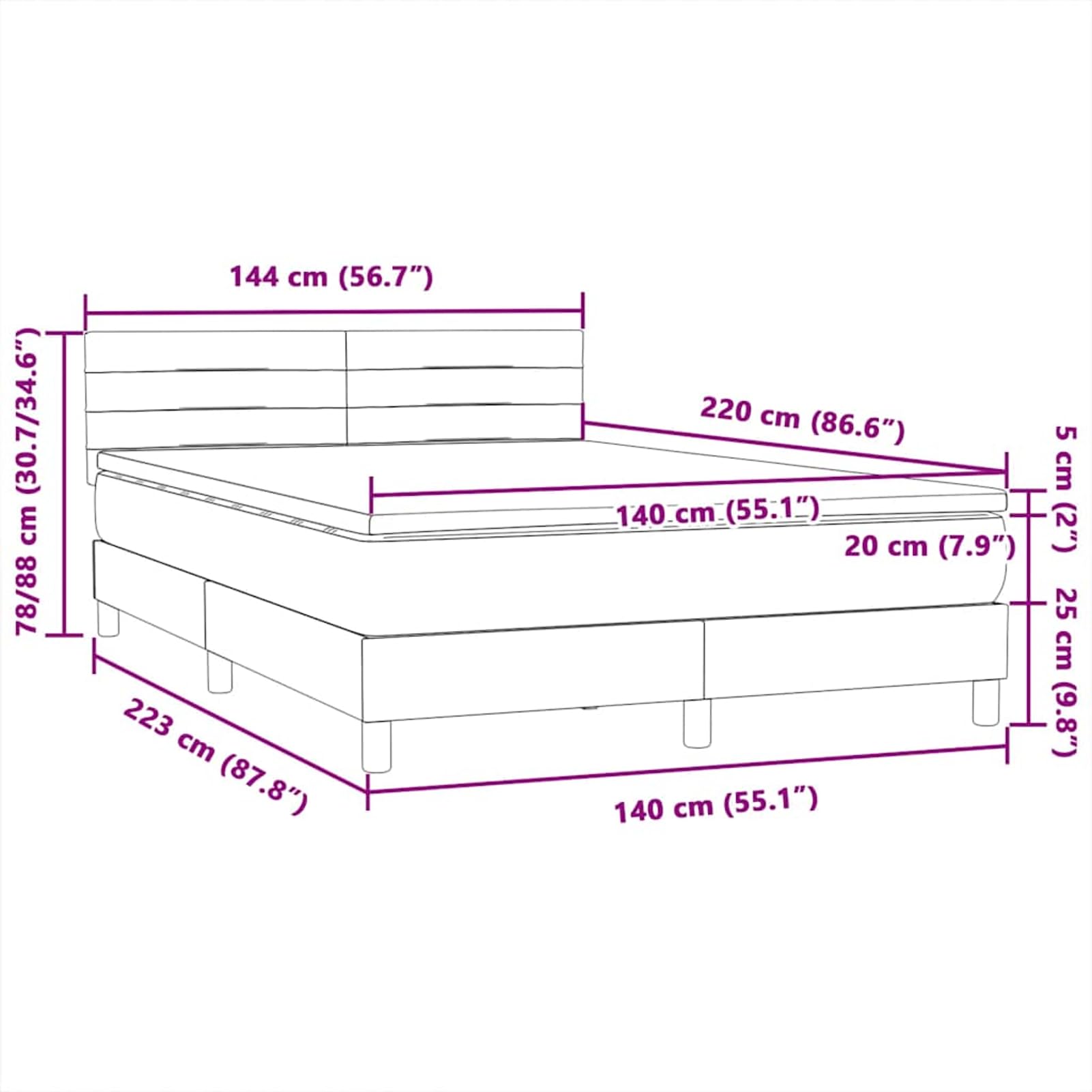 ATOMSTACK MAKER Letto a molle, rosa, 140 x 220 cm, con materasso a molle insacchettate, testiera regolabile in altezza, cuscino traspirante e illuminazione a LED, tessuto vellutato, altezza 20 cm, con