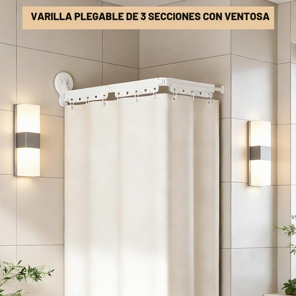 Barra de cortina de ducha con ventosas, multiángulo plegable en 3 ángulos 70 – 104 cm, barra de cortina de ducha sin necesidad de taladrar, barra telescópica para ventanas, separadores de habitaciones
