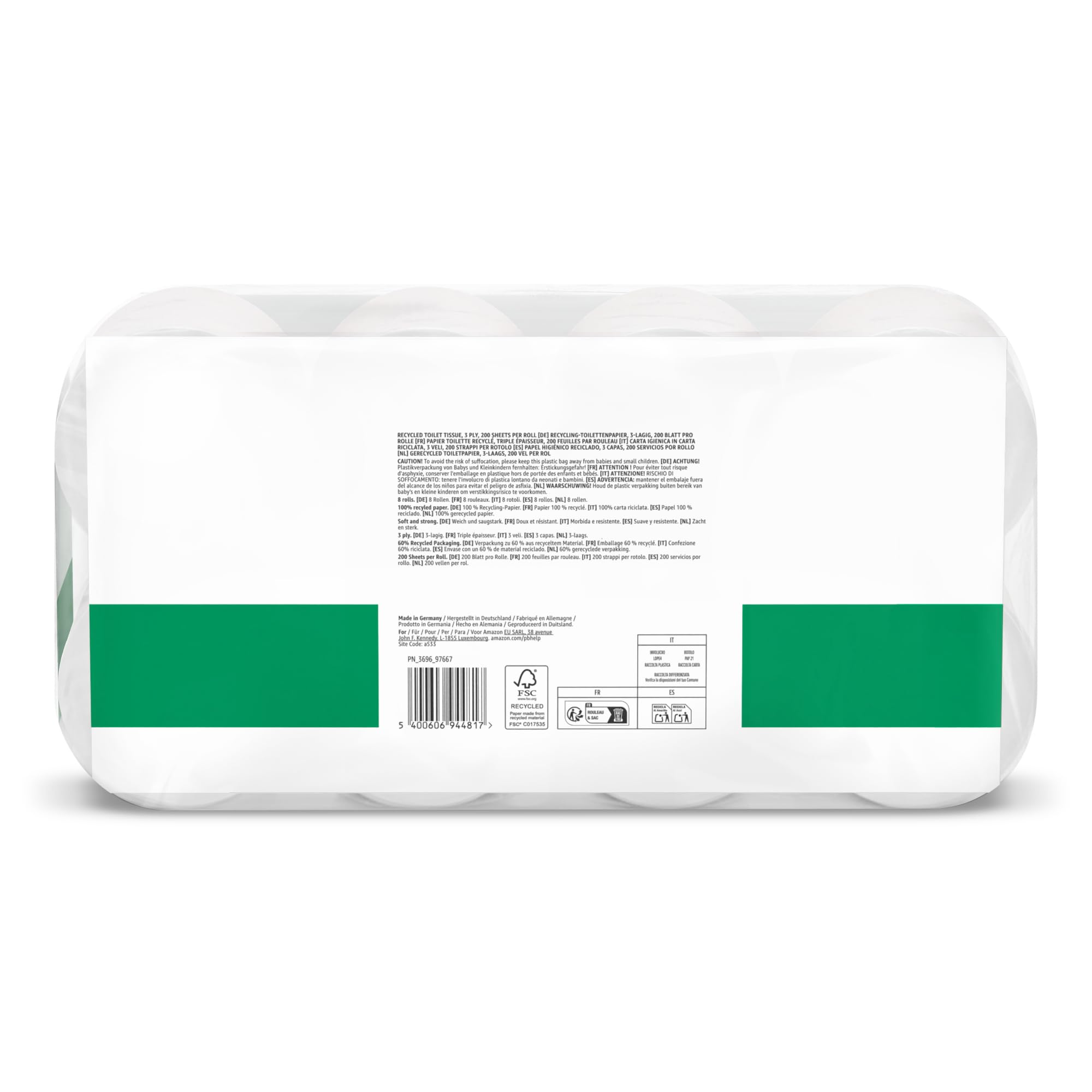 by Amazon, Carta Igienica Riciclata, 100% Fibre Riciclate, 3 Veli, 200 Strappi, 48 Rotoli (6 Confezioni da 8), Certificata FSC