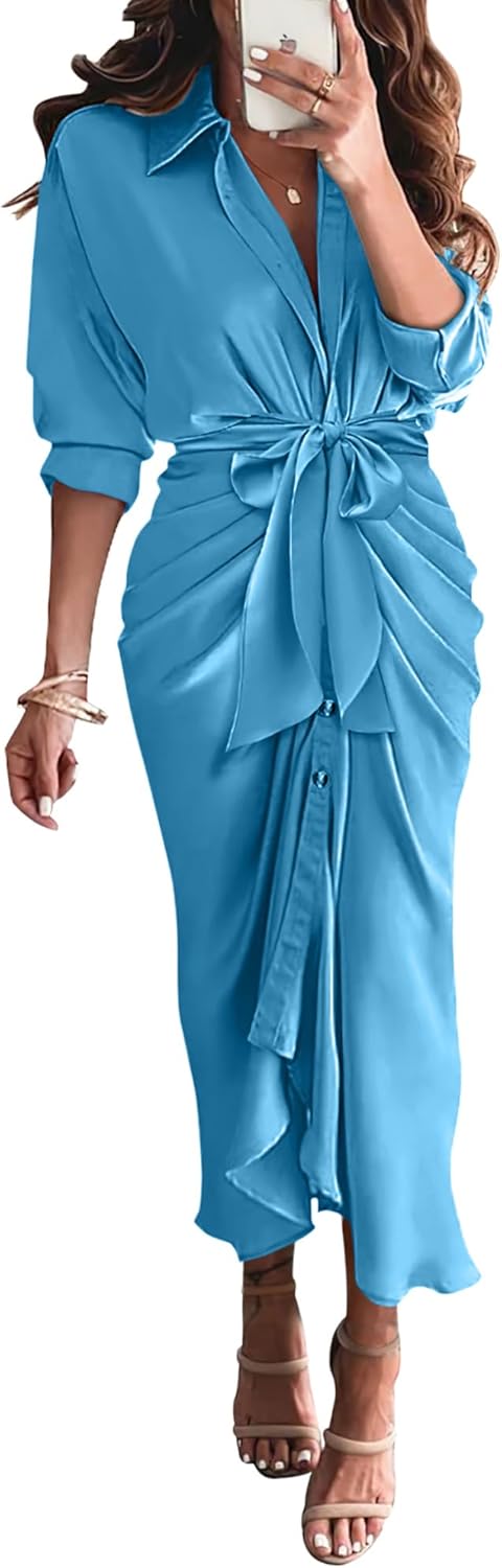 BTFBM Maxi Dresses for Women Fall 2025 Long Sleeve Lapel Neck Button Down Elegant Satin Belted Ruched Summer Shirt Dress