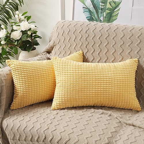 BeBen Throw Pillow Covers, Decorative Pillow Covers 12x20, Set of 2 Soft Corduroy Lumbar Pillow Covers, Cushion Case Home Decor for Couch, Bed, Sofa, Bedroom, Car Bright Yellow, 12X20