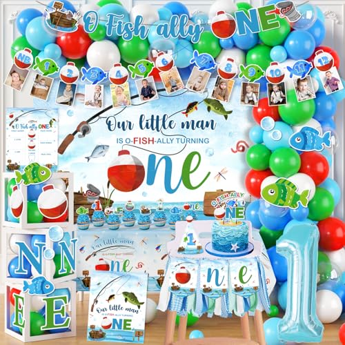 Ofishally One Birthday Decorations 161pcs Gone Fishing 1st Birth day Party Banner Backdrop Tablecloth Cake Topper Ofishally One Balloon Arch for 1st Birthday Decorations Boy Supplies