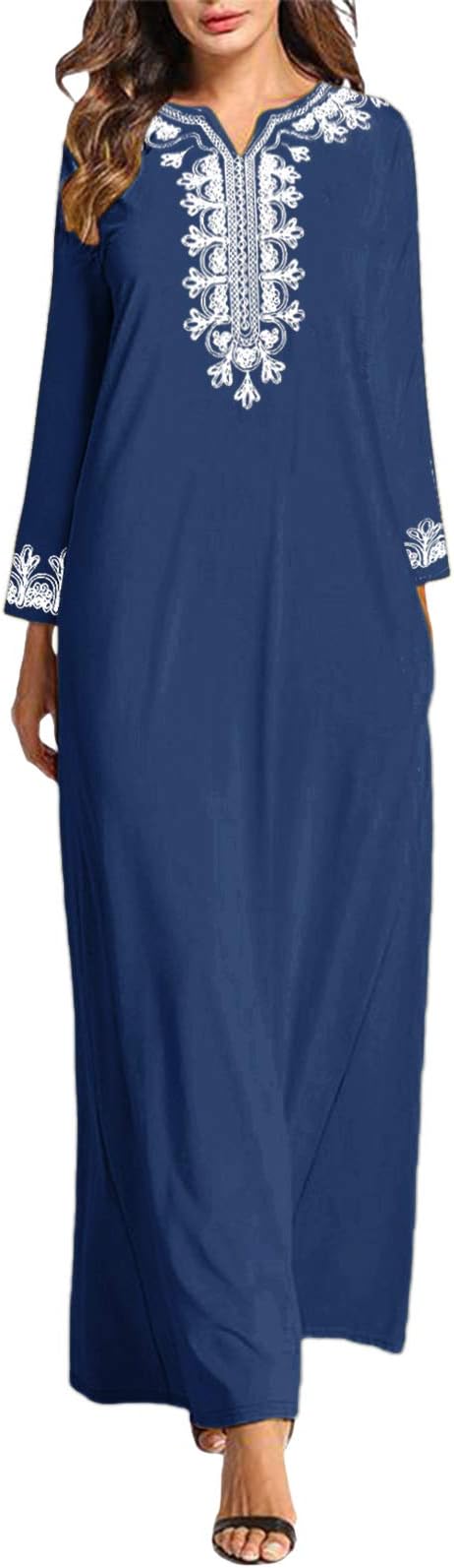 Maxi Dress Women's Casual Kaftans Dresses Casual Long Sleeve Retro Loose V Neck Gowns