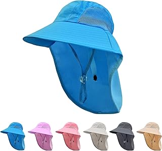 قبعة شمس للاطفال من لانجثيرينج مع غطاء للرقبة للحماية من الاشعة فوق البنفسجية، قبعة شاطئ صيفية للاطفال من الجنسين، قبعة ذيل الحصان، قبعة كبيرة بحافة عريضة لصيد الاسماك للاعمار من 3-12 سنة