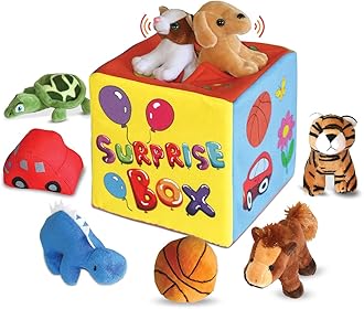 Bundaloo Surprise Mystery Box with 8 Premium Plush Toys - Soft Sensory Playset with Press to Hear Sounds, Various Plush, Stuffed Animals, Vehicles, Balls for Babies & Toddlers