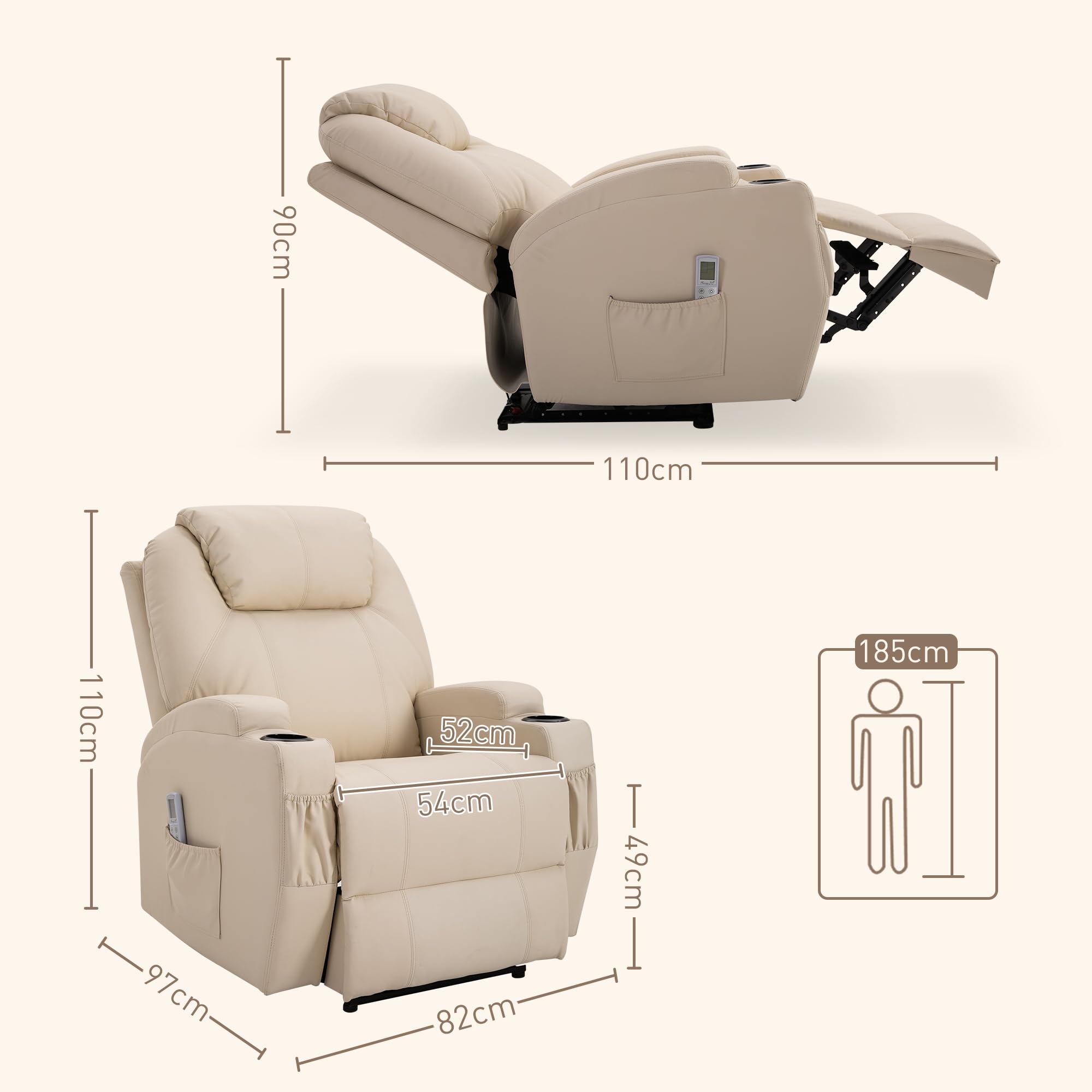 HOMCOM Fauteuil de Massage Inclinable, Chaise de Relaxation avec Dossier et Repose-Pied électrique réglables revêtement synthétique pour Salon, Chambre, Cinéma Maison Crème